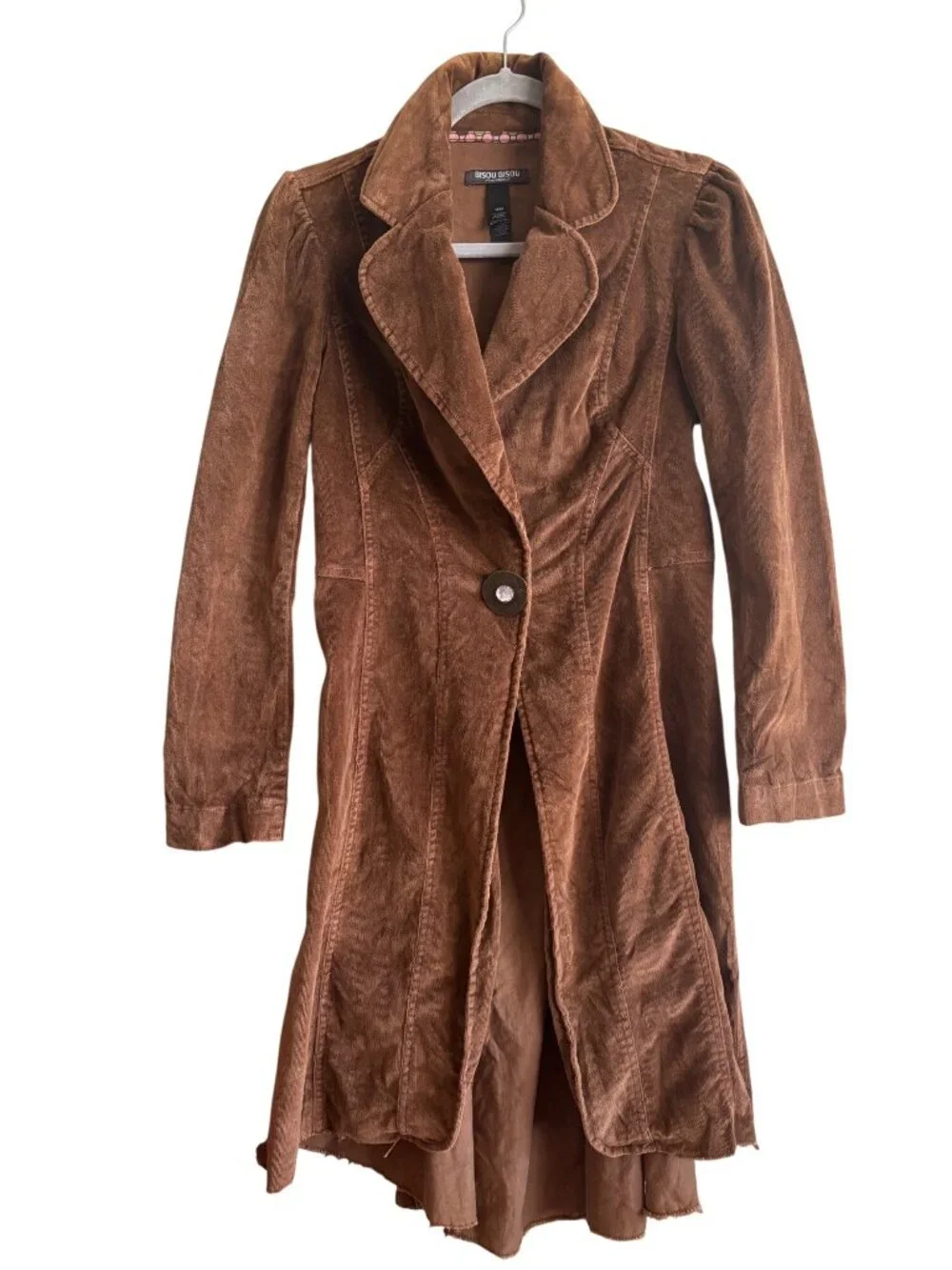 Vintage Y2K Bisou Bisou Fine Wale Corduroy Raw Hem Long Trench Jacket Brown - Picture 9 of 12